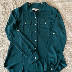 Loft Silk Emerald Green Long Sleeved Button Down Blouse Size S